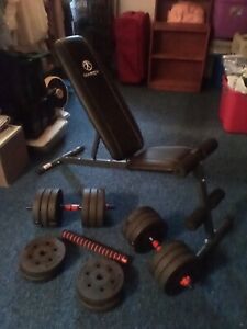 Marcy weight/workout bench & approximately 110 lbs weight set, dumbbell or long