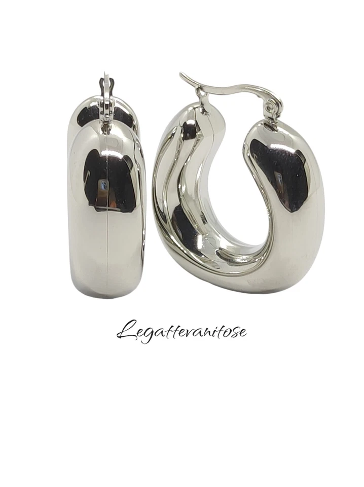 Orecchini donna Cerchio In Acciaio  orecchini cerchio bombato placcato oro bianc - Immagine 1 di 4