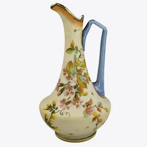 ANTIQUE TISCHER PAINTED OPALINE GLASS VASE/PITCHER ENAMEL 8.5” VIENNA AUSTRIA - Picture 1 of 17