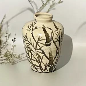 Signed Korean Hand Painted Decorative 8" Vase Brown Bamboo Design & Writing - Picture 1 of 10