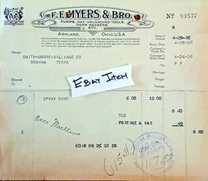 1926 ASHLAND OHIO Billhead THE F.E. MEYERS & BROS. - Picture 1 of 2