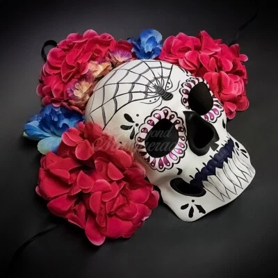 Men's Full Face Skull Day of the Dead Halloween Masquerade Mask with Flowers - Image 1 of 4