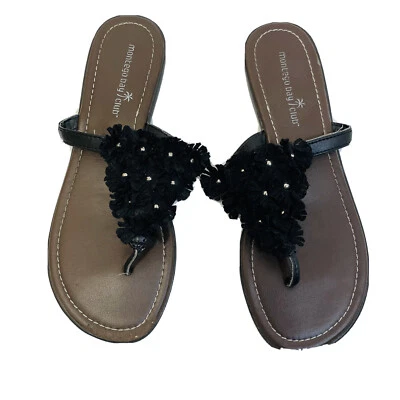 Sandalias de Tanga Montego Bay Club Mujer 7.5 Marrón Negro Embellecido Flor Foto 1 de 4