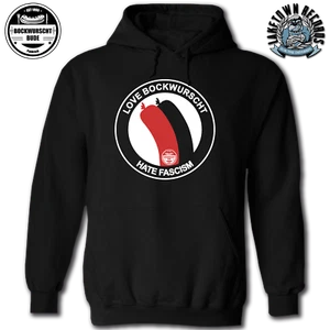 BOCKWURSCHTBUDE - LOVE BOCKWURSCHT HATE FASCISM Kapu S-3XL Punk FCK AFD FCK NZS - Picture 1 of 3
