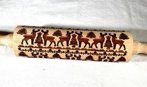 HOLIDAY/CHRISTMAS EMBOSSED WOOD ROLLING PIN ~ REINDEER & CHRISTMAS TREES - Picture 1 of 6
