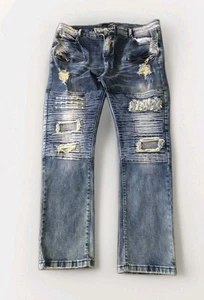 Balmain Paris Distressed Motorcycle Medium Washed Blue Jeans Mens Size 40x29 EUC - Picture 1 of 24