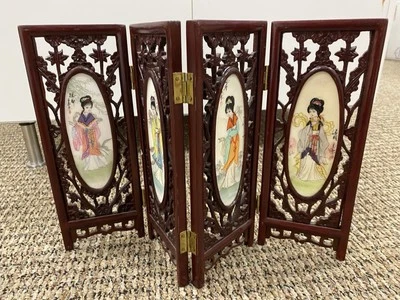 4 Panel Asian Mini Hinged Screen Detailed Geisha Girls Floral Table Art 12” tall - Image 1 of 4