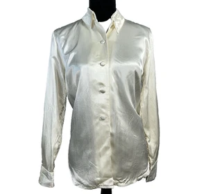 Blusa De Colección Sandra Ow Wing N.R.1 8 Marfil Satinado Cubierto Cuello Botón EE. UU. Trabajo - Imagen 1 de 6