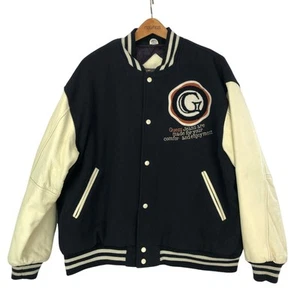 VTG Guess Club Varsity Wool Leather Jacket L Black Ivory Crest Patch Embroidered - Picture 1 of 19