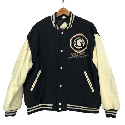 VTG Guess Club Varsity Wool Leather Jacket L Black Ivory Crest Patch Embroidered - Image 1 of 4