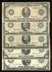 Full Set of 1914 $5 $10 $20 $50 $100 Federal Reserve Large Notes Blue seal Rare - Picture 1 of 6
