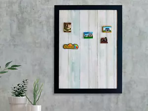 Framed blue weathered planks style travel souvenir magnet display board. - Picture 1 of 9
