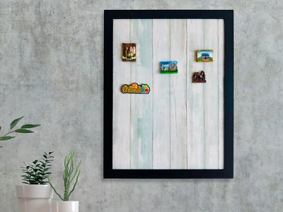 Framed blue weathered planks style travel souvenir magnet display board. - Image 1 of 4
