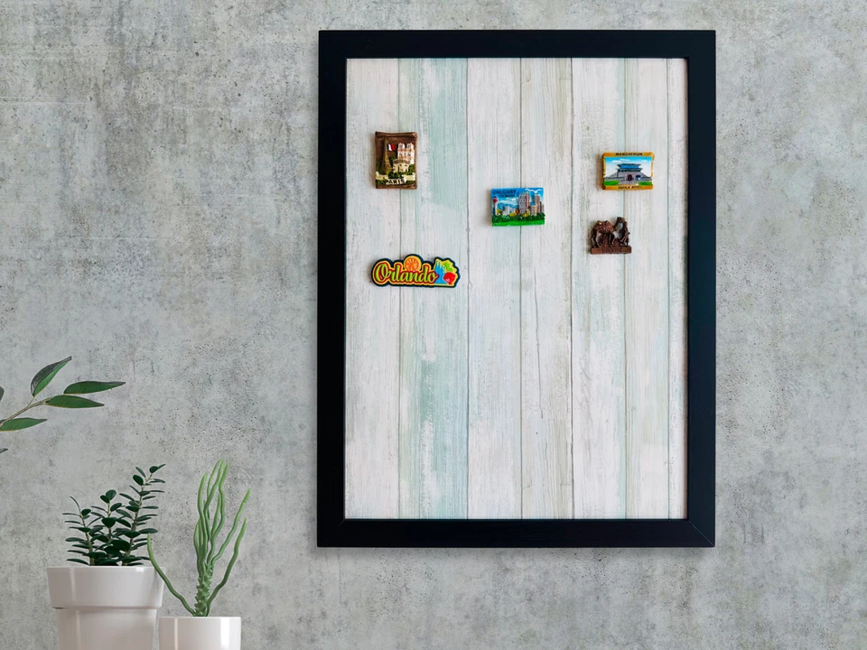 Framed blue weathered planks style travel souvenir magnet display board. - Image 1 of 4
