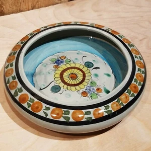 Tonala Ashtray Floral Bowl Folk Art Glazed Mexico Signed CAT 7.5" - Swanky Barn - Picture 1 of 12