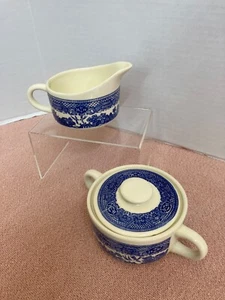 Old Blue Willow Ware Creamer & Covered Sugar Bowl Set Vintage Blue & Wht - Picture 1 of 21