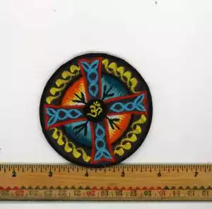 Embroidered Yellow Blue Om Four Direction Celtic Patch Fair Trade Nepal 3" Round - Picture 1 of 5