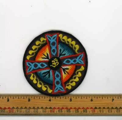 Embroidered Yellow Blue Om Four Direction Celtic Patch Fair Trade Nepal 3" Round - Image 1 of 4