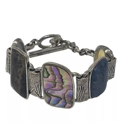 Vintage Kenneth Cole Abalone Cabochon Bracelet Silver Tone Chunky Toggle Shell - Image 1 of 4