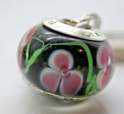 CHARM PERSONA PLATA ESTERLINA .925 NEGRO ROSA FLOR VERDE REMOLINO CRISTAL DE MURANO  Foto 1 de 3