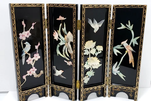 VTG Asian Style Ebonized Chinoiserie Four-Panel Mini Screen Floral & Birds Cover
