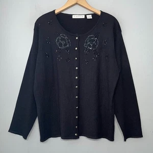 Vintage Chaus Cardigan Size Large Black Beaded Sequin Sweater Whismigoth Party - Picture 1 of 8