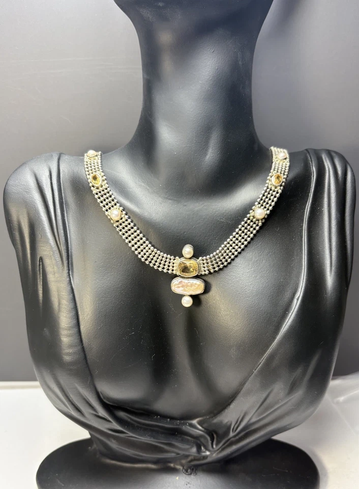 Ожерелье из чистого серебра с сеткой и цитрином и жемчугом 16 дюймов - Изображение 1 из 4