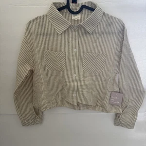 New Heart And Arrow Long Sleeve Button Up Striped Crop Top Tan Girls Size 14 - Picture 1 of 5