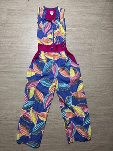 Vintage 80s Jeanne Marc Jumpsuit 4/5 P XS/S Cotton Knit Fall Leaves Pockets - Picture 1 of 10