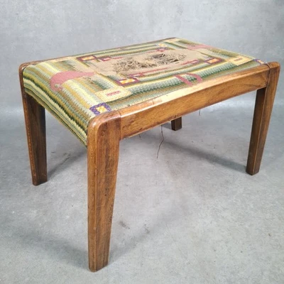Vintage Mid-Century Foot Stool Geometric Tapestry Cat Upholstery Wooden Frame - Image 1 of 4