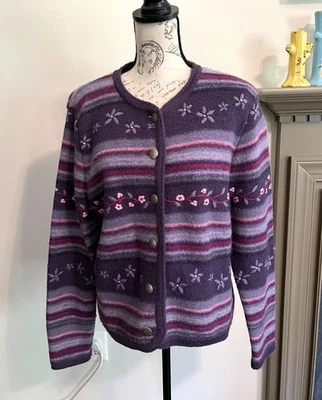 Tally-Ho Purple Striped Floral 100% Wool Button Down Cardigan Medium - Image 1 of 4