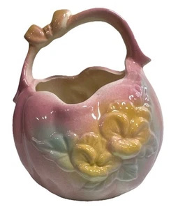 VTG Vase HULL Pottery Pink Pansy Basket Bow Knot No 84 Grandma Cottage Fairy - Picture 1 of 6
