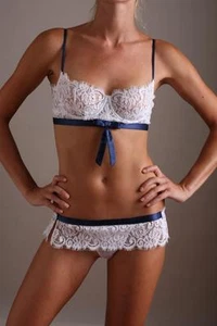NWT S M L Carol Malony White Peek-A-Boo Lace Balconet Bra & Skirted Thong B C D - Picture 1 of 2