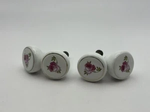 Set of 4 Vintage Round White Porcelain Cabinet Drawer Pulls Rose Japan Made - Picture 1 of 8