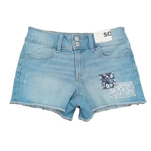 NEW! SO Sz 14 Girls Mid Rise Patchwork Light Wash Midi Stretch Jean Shorts - Picture 1 of 4