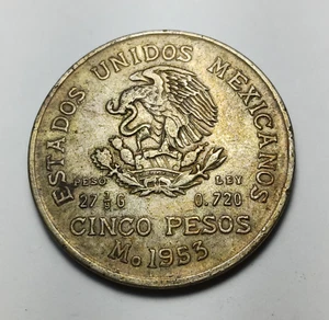 1953 Mexico Five Pesos - Hidalgo - $5 Mexican Silver Coin - Cinco Peso - Picture 1 of 4