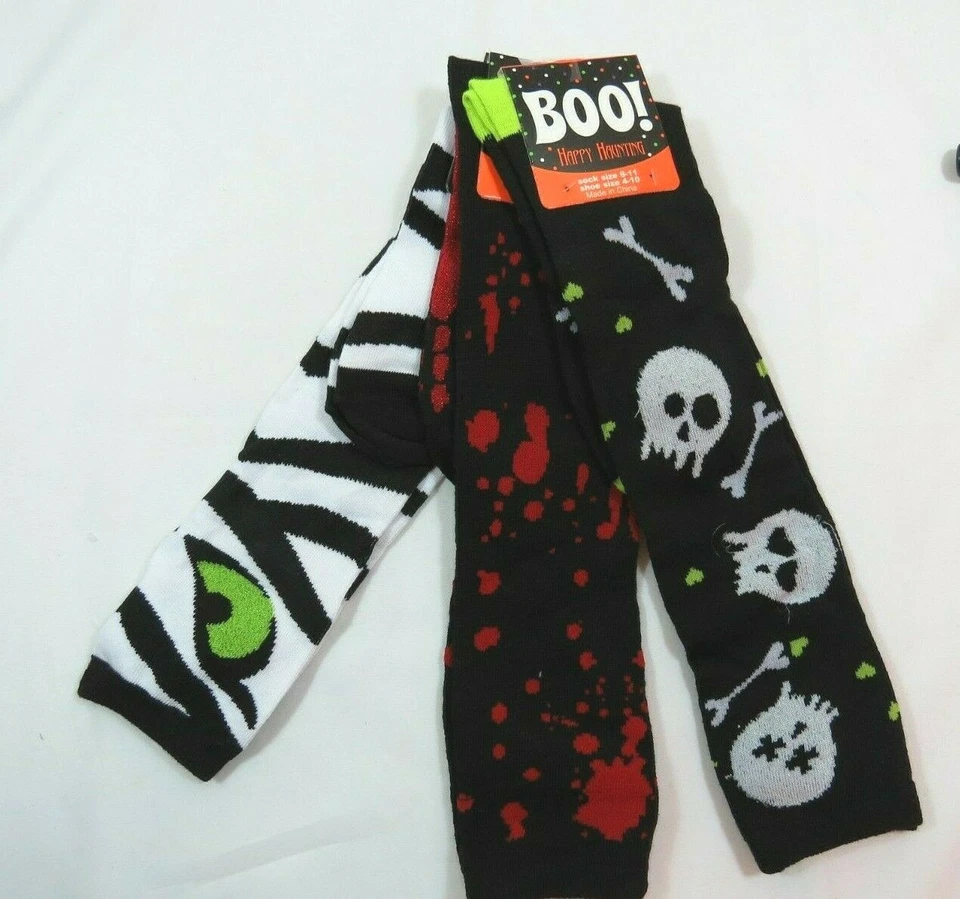 Halloween Knee Socks Black Leg Foot Bones Skeleton Orange Glitter Ladies 9-11