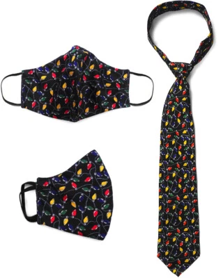 Silk Fabric Face Mask and Tie Set Reusable Washable Adult Mens Christmas Lights - Image 1 of 4
