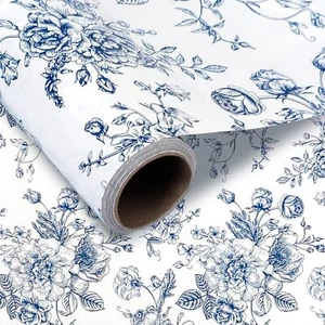 1 Roll Blue Floral Wrapping Paper Mini Roll 17in x 32.8Ft Blue White Peony Pa... - Picture 1 of 3