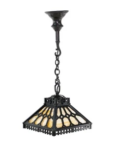 Rare Arts & Crafts Slag Glass Black Cast Iron Pendant Light - Picture 1 of 12