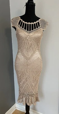 Sue Wong Crochet Ribbon Dress Size Med 6 / 8 Y2K Beige Nude Evening Party Fitted - Image 1 of 4