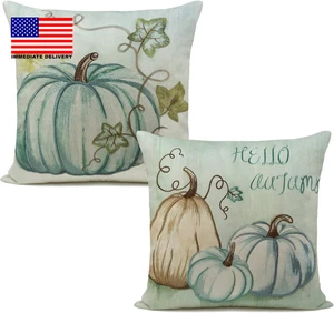 Fall Pillow Covers 18 X 18 Set 2 Autumn Decorations Green Pumpkin Farmhouse Outd - Picture 1 of 7