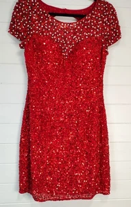 VTG Scala Size 12 Cocktail Dress Red Silk Sequin Pearl Beaded Sheath Mini Dress  - Picture 1 of 14