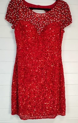 VTG Scala Size 12 Cocktail Dress Red Silk Sequin Pearl Beaded Sheath Mini Dress  - Image 1 of 4