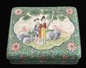 Qing Dynasty Chinese Cloisonné Hinged Large Trinket Box Green Floral Women - Picture 1 of 9