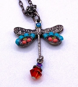 Dragonfly Necklace by FIREFLY bedazzled w/  red purple & turquoise beads, Silver - Picture 1 of 3