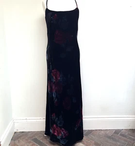 Vintage Monsoon 90s Maxi Dress Fits UK 12 Black Velvet Rose Pattern Silk Mix - Picture 1 of 10
