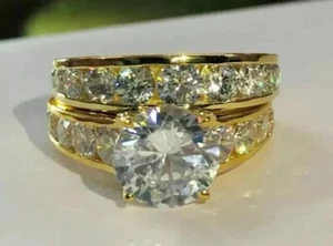 Women Bridal Wedding Ring Set Round Lab Created Diamond 14K Yellow Gold Plated - Picture 1 of 5