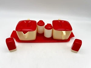 Vtg Federal Tool Corp Red & Ivory Sugar Bowl Creamer Salt Pepper Tray 7 pc Set - Picture 1 of 7