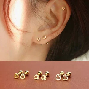 Womens Tiny Gold Heart Screw Back Stud Earrings Surgical Steel Trendy Jewelry - Picture 1 of 4